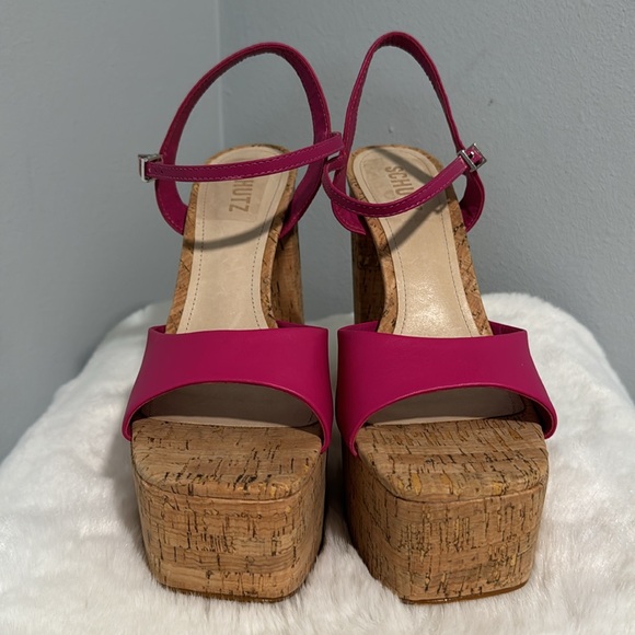 New SCHUTZ Hit Pink Fuchsia Glayce Cork Platform Sandal Heel with Ankle Strap - Picture 7 of 13